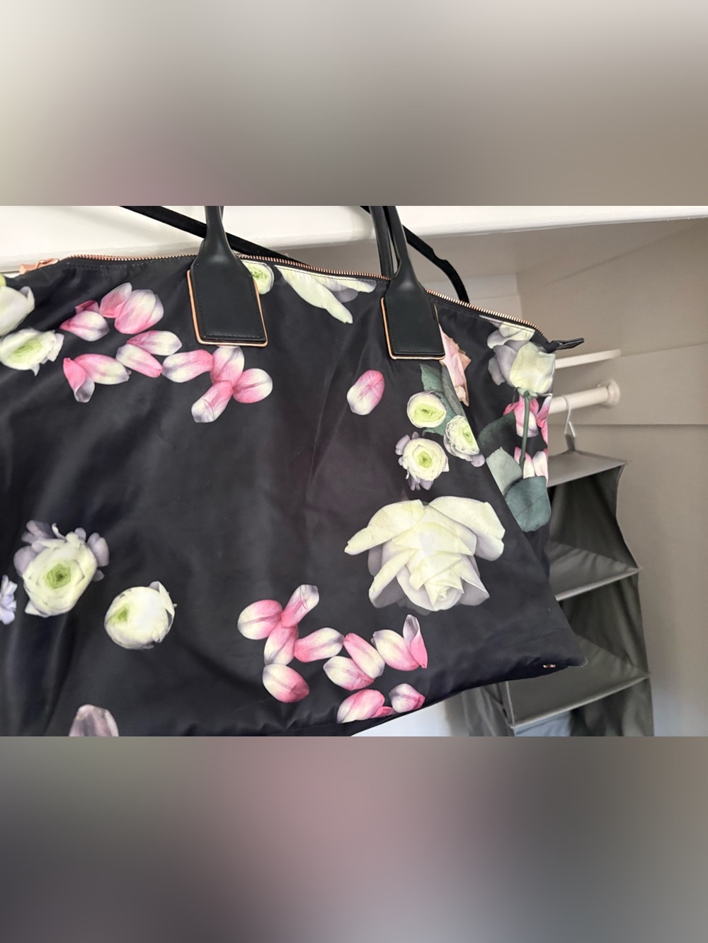 Ted Baker Floral Print Black Weekend Bag with Pink & Green Accents